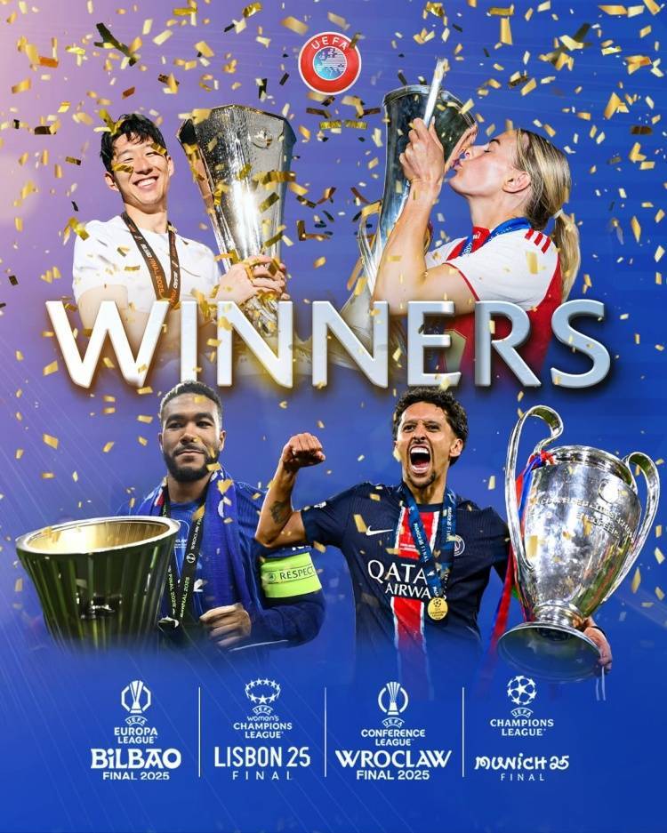 欧足联祝贺旗下四大赛事冠军：巴黎、热刺、切尔西、阿森纳女足